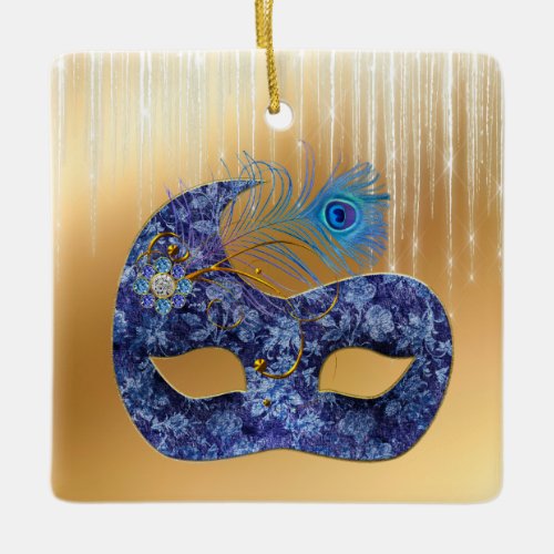 Blue Masquerade Mask and Peacock Feather on Gold Ceramic Ornament