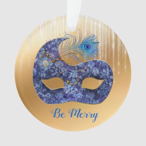 Blue Masquerade Mask and Peacock Feather on Gold Ornament