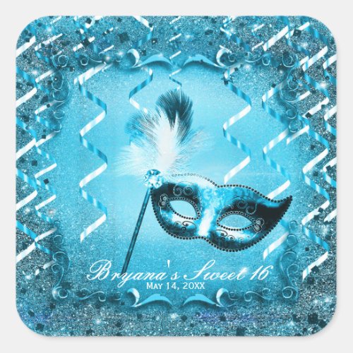 Blue Masquerade Mask Elegant Ball Party Square Sticker