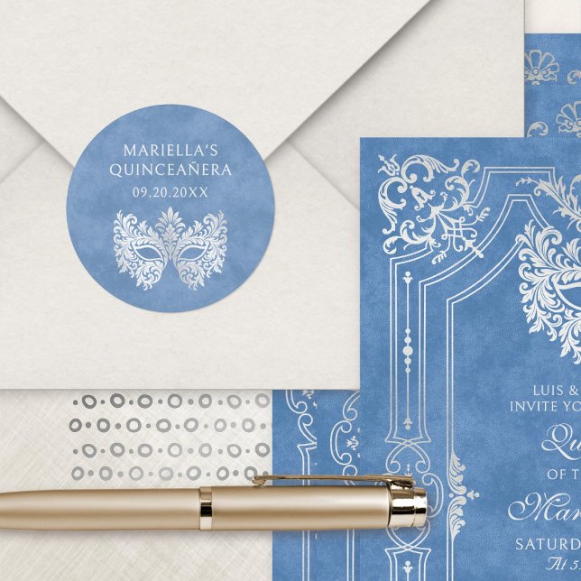 Blue Masquerade Mask Elegant Quinceanera Classic Round Sticker (Creator Uploaded)