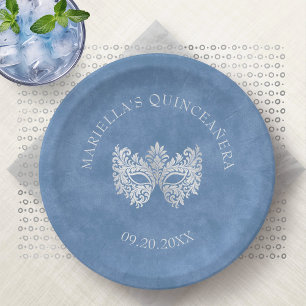 Blue Masquerade Mask Elegant Quinceanera Paper Plates