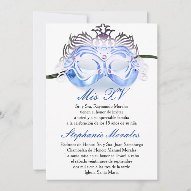Blue Masquerade Quinceanera Birthday Invitation (Front)