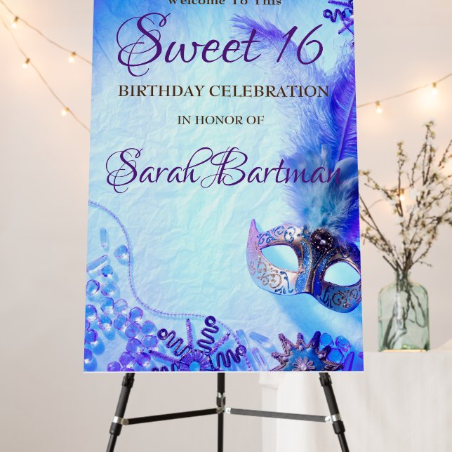 Blue Masquerade Sweet 16 Welcome Sign (In Situ (Stand))