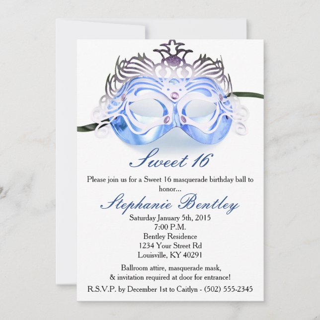 Blue Masquerade Zebra Sweet 16 Birthday Invitation (Front)