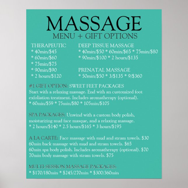 BLUE massage service menu list Poster (Front)