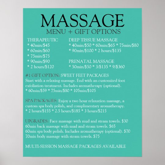 BLUE massage service menu list Poster