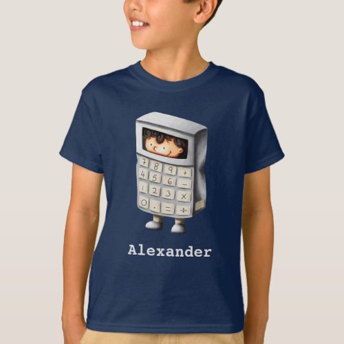 Blue Math Nerd Kid in Calculator Suit Illustrated  T_Shirt