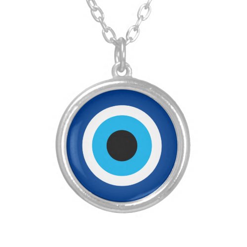 Blue Mati charm round Evil Eye talisman Silver Plated Necklace