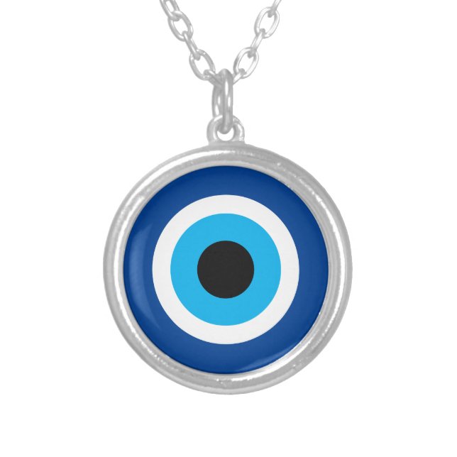 Blue Mati charm round Evil Eye talisman Silver Plated Necklace (Front)