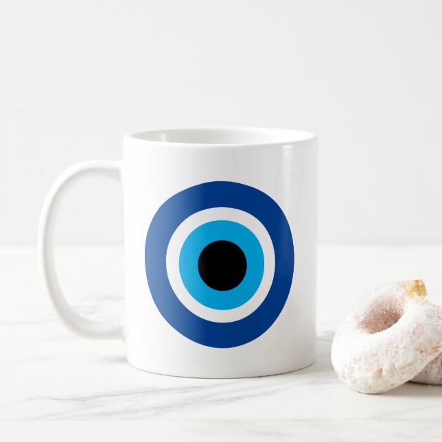 Blue Mati Evil Eye symbol coffee mug print (With Donut)