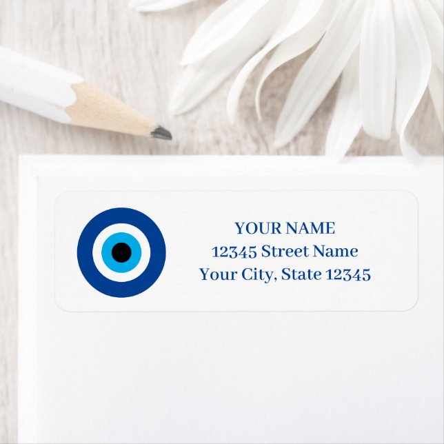 Blue Mati Evil Eye symbol return address stickers (Insitu)