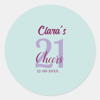 blue mauve cheers 21st birthday add name date classic round sticker