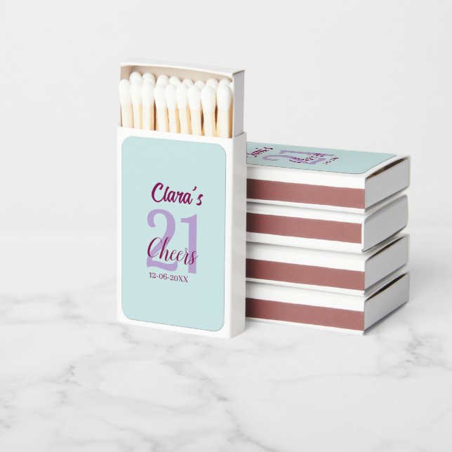 blue mauve cheers 21st birthday add name date matchboxes (Stacked)