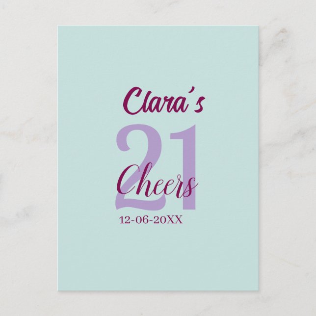 blue mauve cheers 21st birthday add name date postcard (Front)