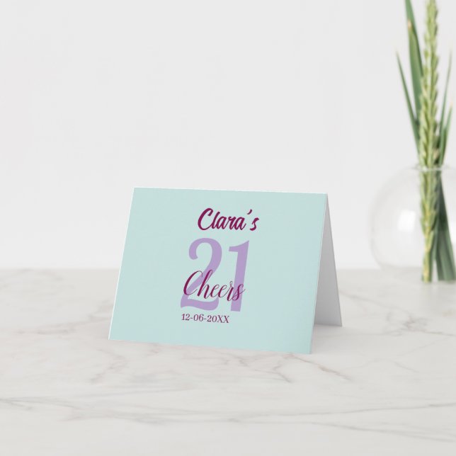 blue mauve cheers 21st birthday add name date thank you card (Front)