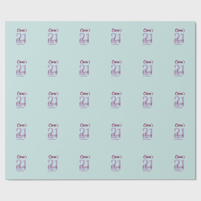 blue mauve cheers 21st birthday add name date wrapping paper (Flat)