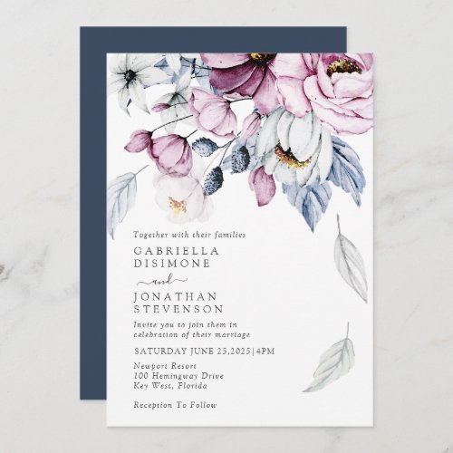 Blue Mauve Watercolor Floral Monogram  Invitation