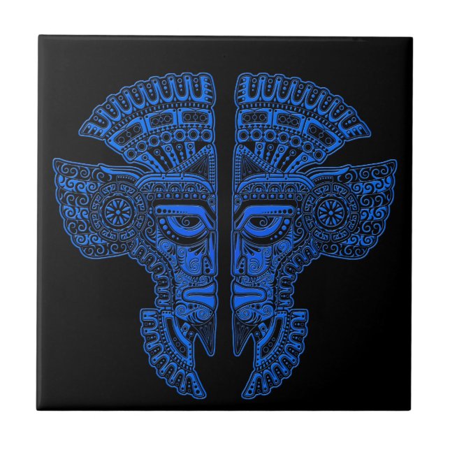 Blue Mayan Twins Mask Illusion on Black Ceramic Tile (Front)