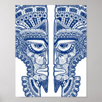 Blue Mayan Twins Mask Illusion on White