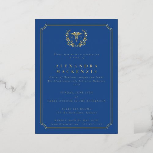 Blue MD CaduceusLaurel Wreath Graduation Foil Invitation