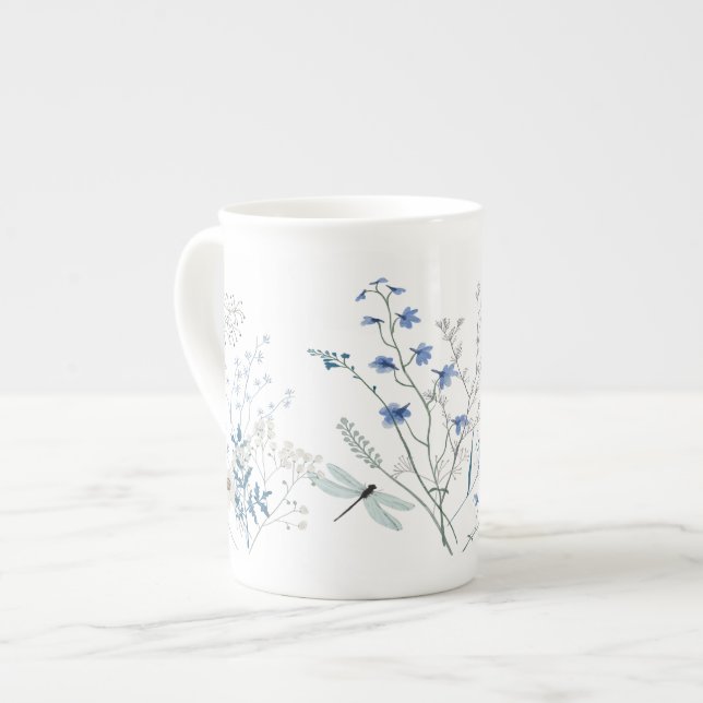 Blue Meadow Dragonfly Bone China Mug (Front Left)