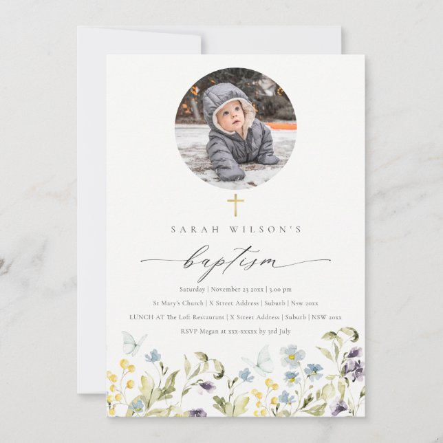 Blue Meadow Floral Butterfly Photo Baptism Invite (Front)