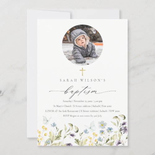 Blue Meadow Floral Butterfly Photo Baptism Invite