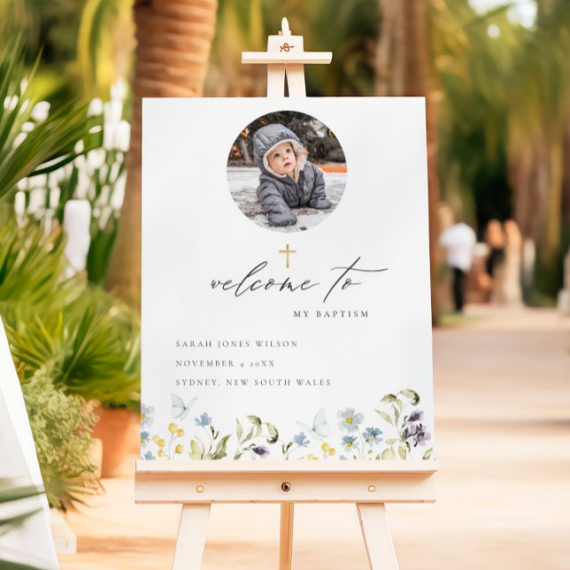 Blue Meadow Floral Butterfly Photo Baptism Welcome Foam Board (Creator Uploaded)