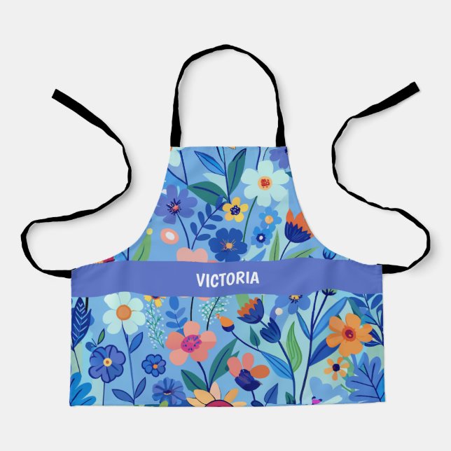 Blue Meadow Floral Pastel Custom Pattern Apron (Front)