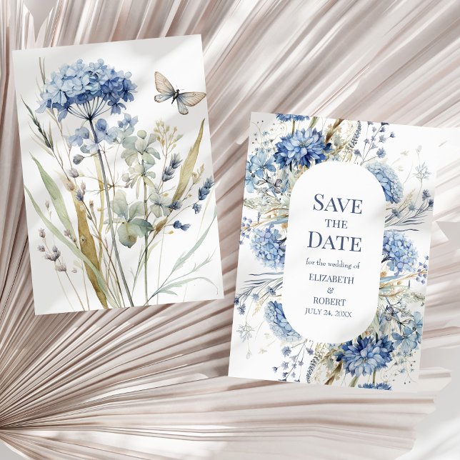 Blue Meadow Floral Save the Date Invitation (French Blue Garden Wildflowers Save The Dates Invitation on a neutral sunny dry palm leaf.)