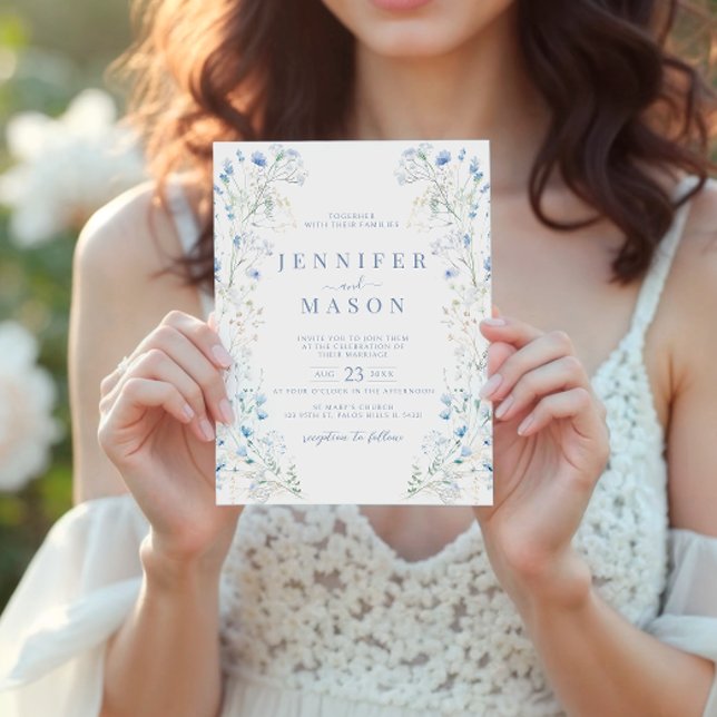 Blue Meadow Floral Wreath Wedding Invitation (Creator Uploaded)