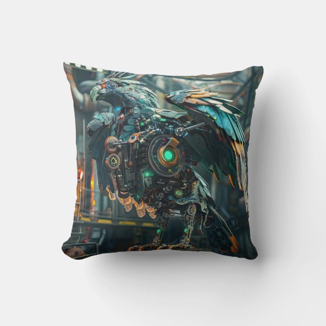 Blue mechanical phoenix bird throw pillow (Front)