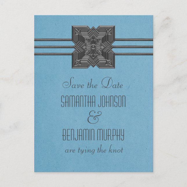 Blue Medallion Border Save the Date Postcard (Front)