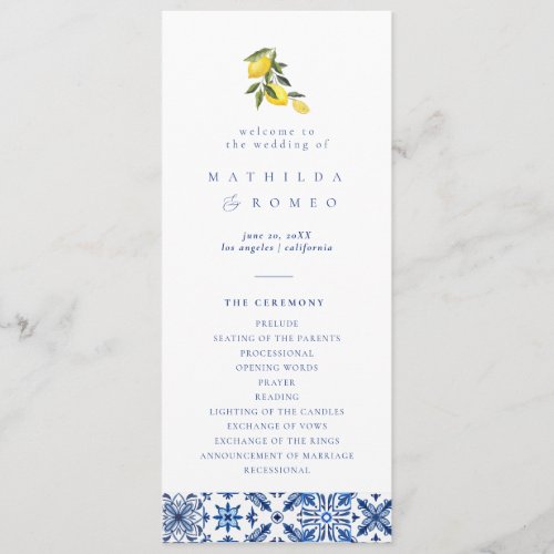 Blue medditeranean tile  citrus Wedding Program 