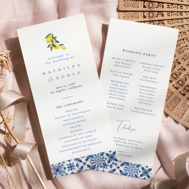 Blue medditeranean tile & citrus Wedding Programs (Creator Uploaded)