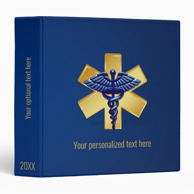 Blue Medical 3D Caduceus Gold Cross 3 Ring Binder (Front/Spine)
