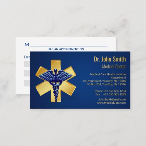 Blue Medical 3D Caduceus Gold Cross Appointment Card