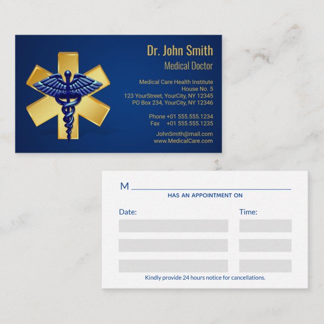 Blue Medical 3D Caduceus Gold Cross Appointment Card (Front/Back)