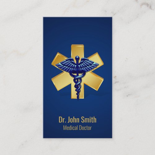 Blue Medical 3D Caduceus Gold Cross Business Card