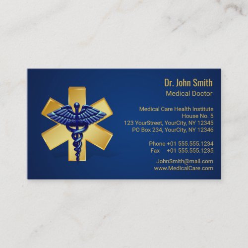 Blue Medical 3D Caduceus Gold Cross Business Card
