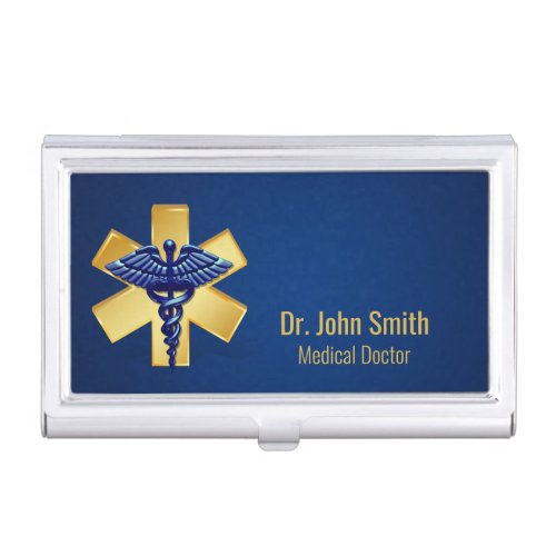 Blue Medical 3D Caduceus Gold Cross Business Card Case