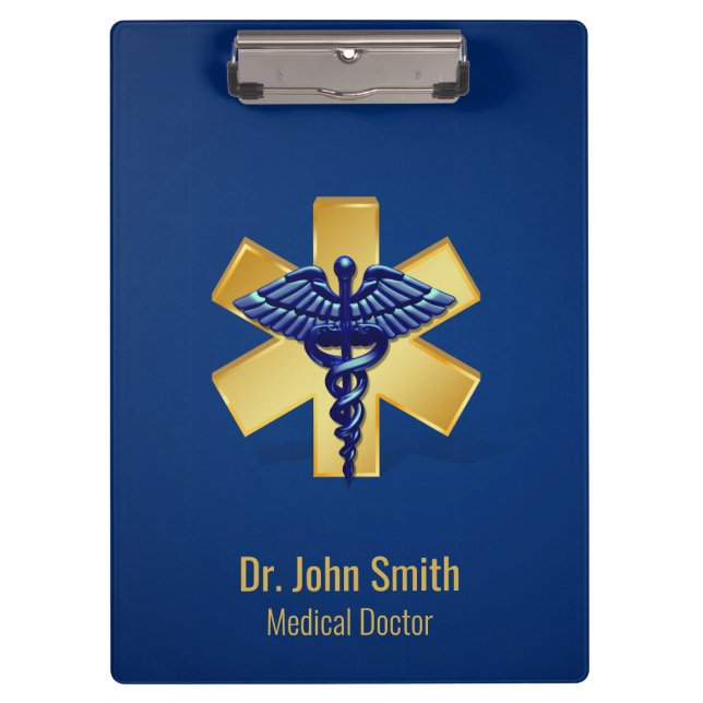 Blue Medical 3D Caduceus Gold Cross Clipboard (Front)