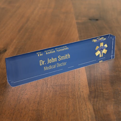 Blue Medical 3D Caduceus Gold Cross Desk Name Plate