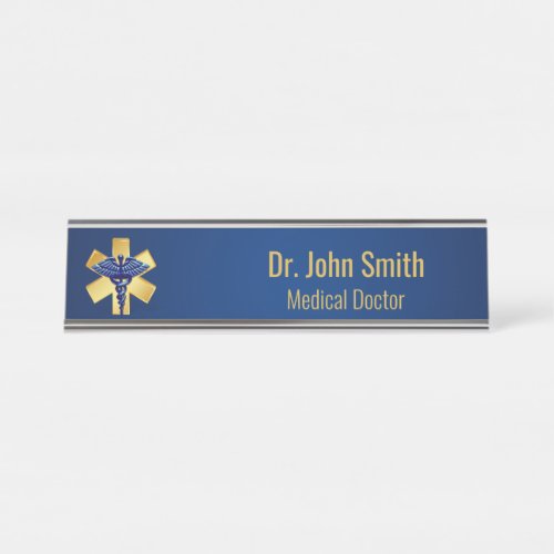 Blue Medical 3D Caduceus Gold Cross Desk Name Plate