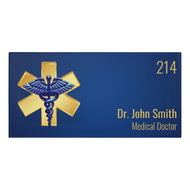 Blue Medical 3D Caduceus Gold Cross Door Sign (Classic Front)