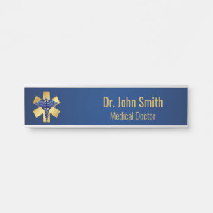 Blue Medical 3D Caduceus Gold Cross Door Sign