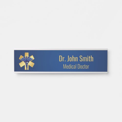 Blue Medical 3D Caduceus Gold Cross Door Sign