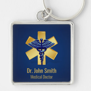 Blue Medical 3D Caduceus Gold Cross Keychain