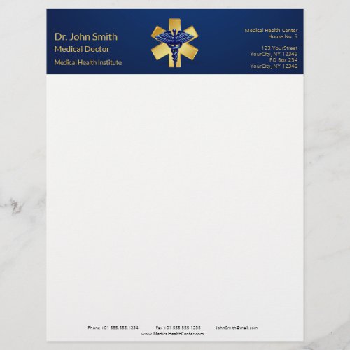 Blue Medical 3D Caduceus Gold Cross Letterhead