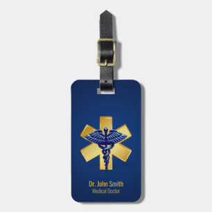 Blue Medical 3D Caduceus Gold Cross Luggage Tag